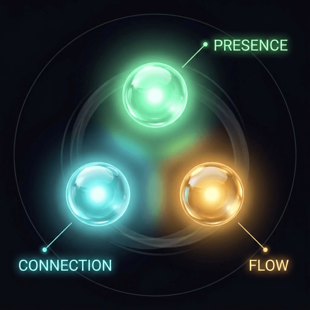 The three-axis PCF grammar — Presence, Connection, and Flow shown as three distinct glowing globes in a triangular formation within a bounded field