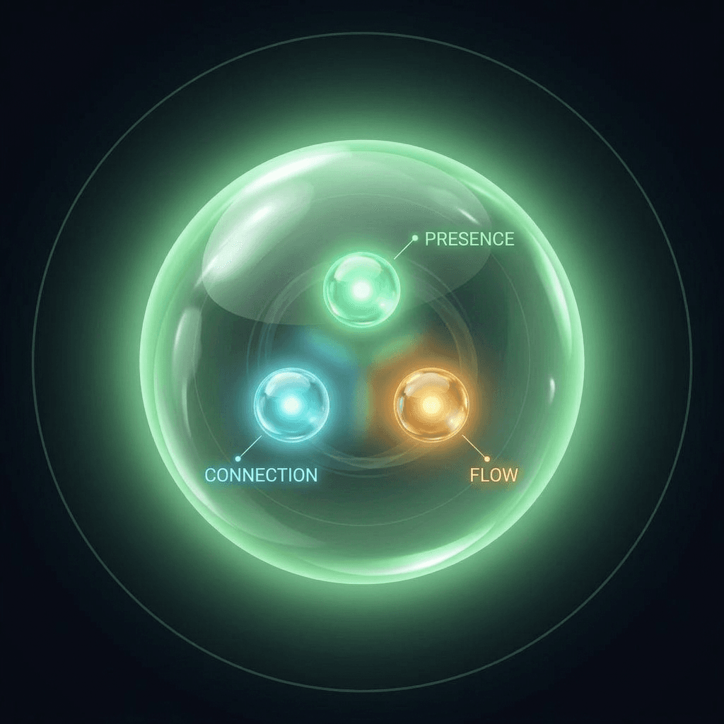A presence rendered as a larger bounded sphere, containing within it the three-axis grammar — Presence, Connection, Flow — as smaller globes