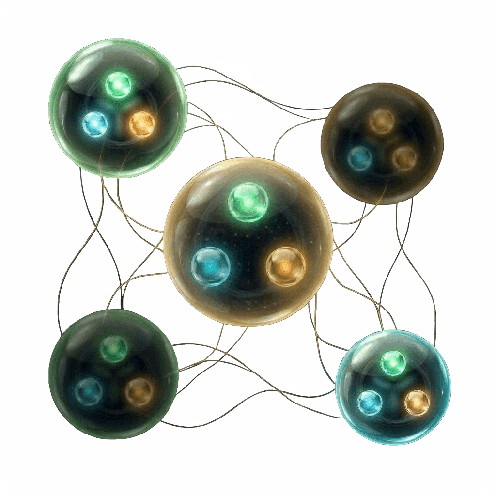 Multiple presences — each carrying its own three-axis grammar — connected to each other by flowing threads, showing how individual PCFs compose into team PCF